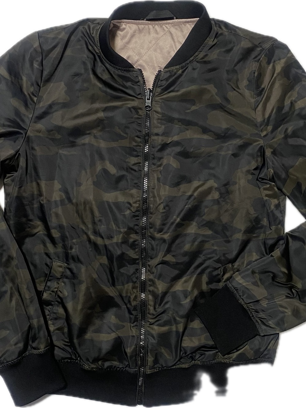 blanc noir Women's Olive and Black Camo reversible Bomber Jacket